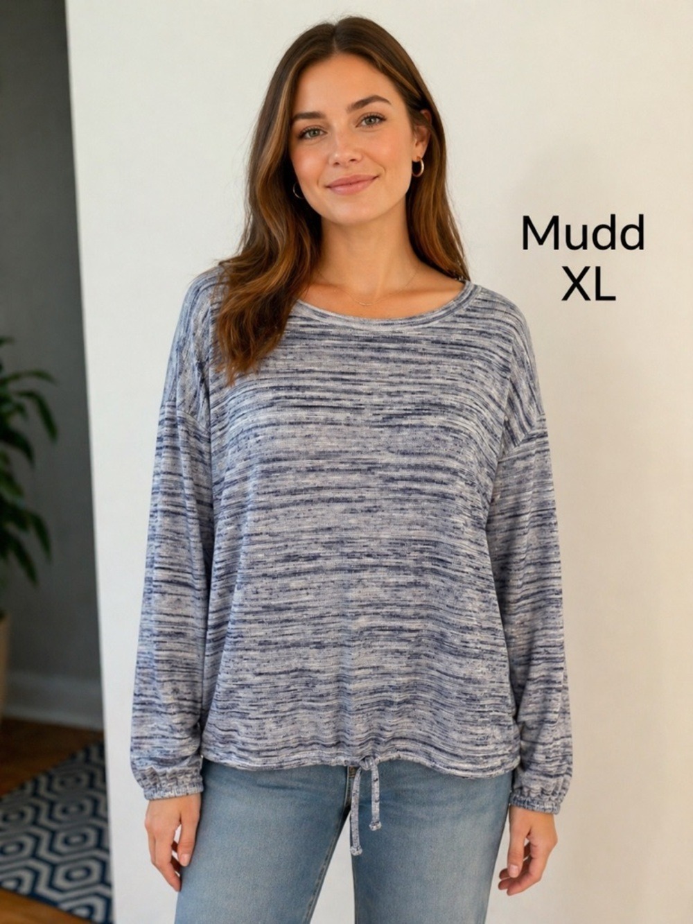 Mudd XL Marled Gray Lightweight Knit Top Drawstring Hem Casual Cozy